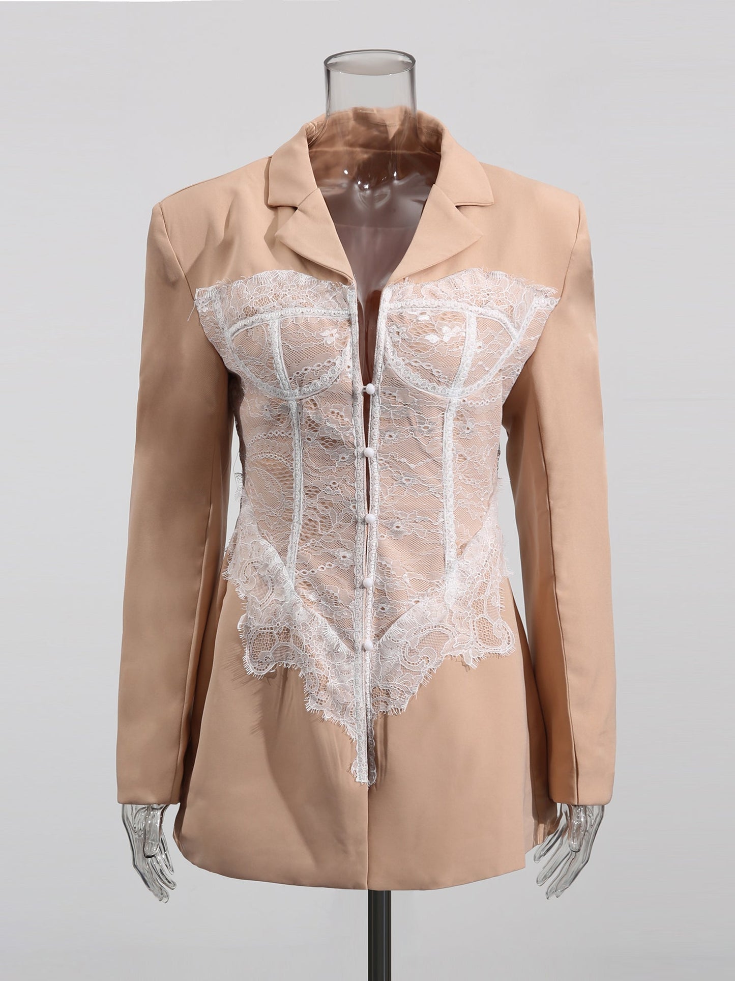 Chic Khaki Blazer with White Lace Corset Detail - SISPELL