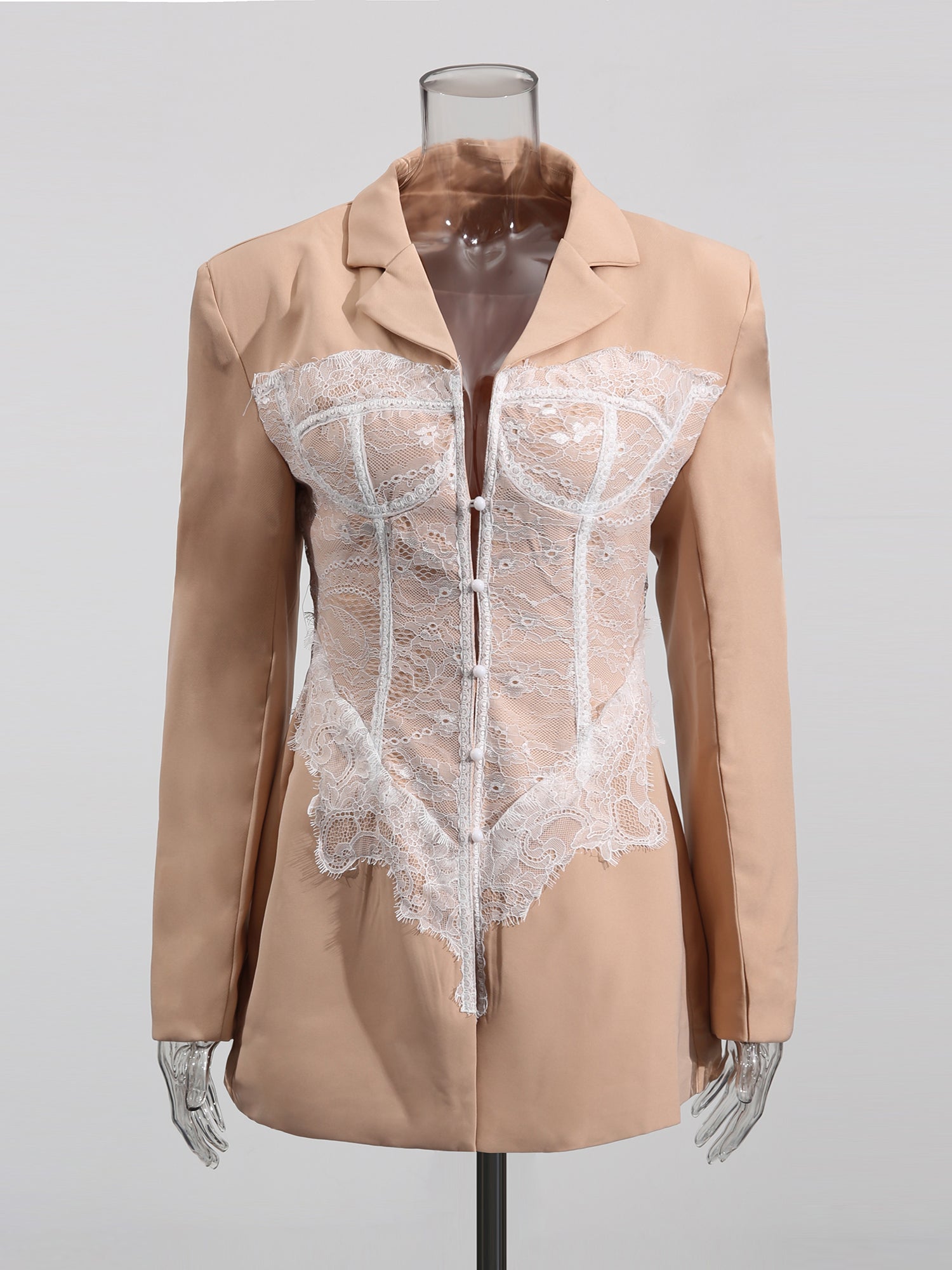 Chic Khaki Blazer with White Lace Corset Detail - SISPELL