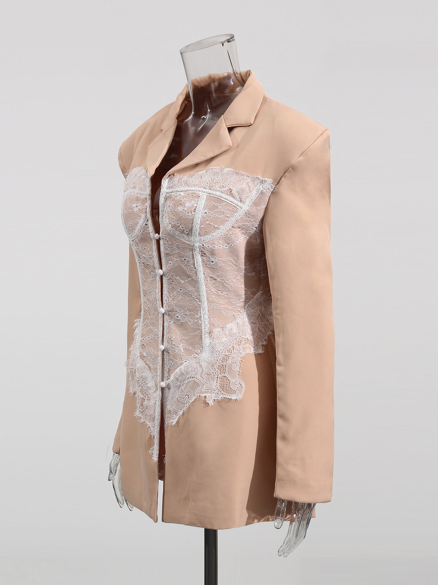 Chic Khaki Blazer with White Lace Corset Detail - SISPELL