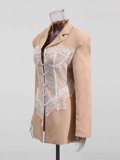 Chic Khaki Blazer with White Lace Corset Detail - SISPELL