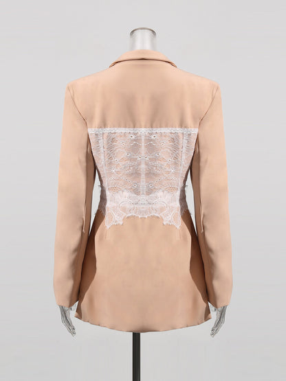Chic Khaki Blazer with White Lace Corset Detail - SISPELL