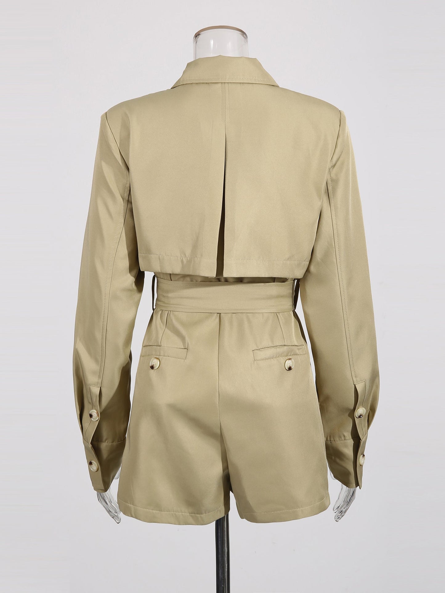Chic Khaki Trench Coat Romper with Belt - SISPELL