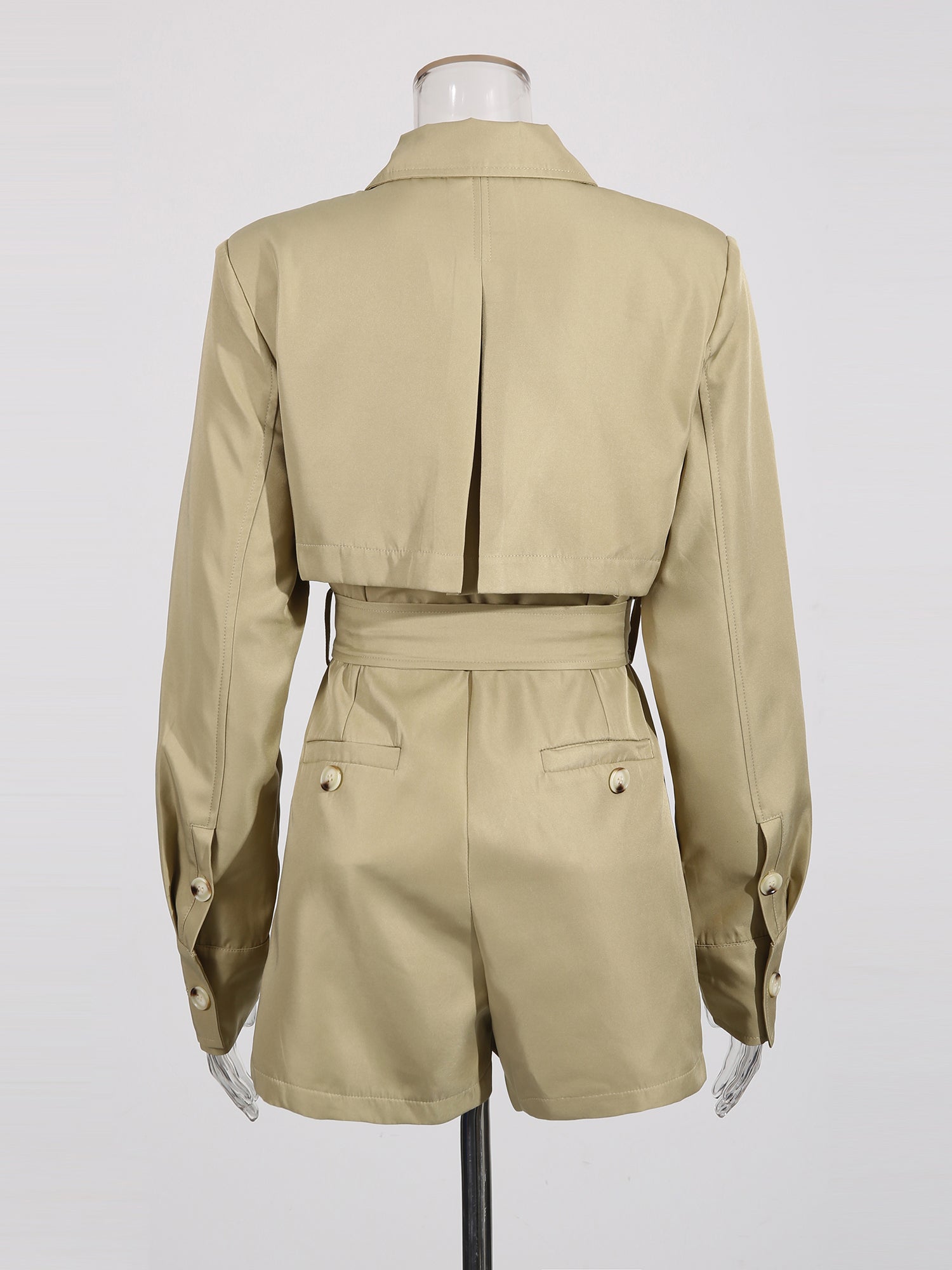 Chic Khaki Trench Coat Romper with Belt - SISPELL