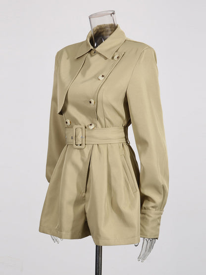 Chic Khaki Trench Coat Romper with Belt - SISPELL