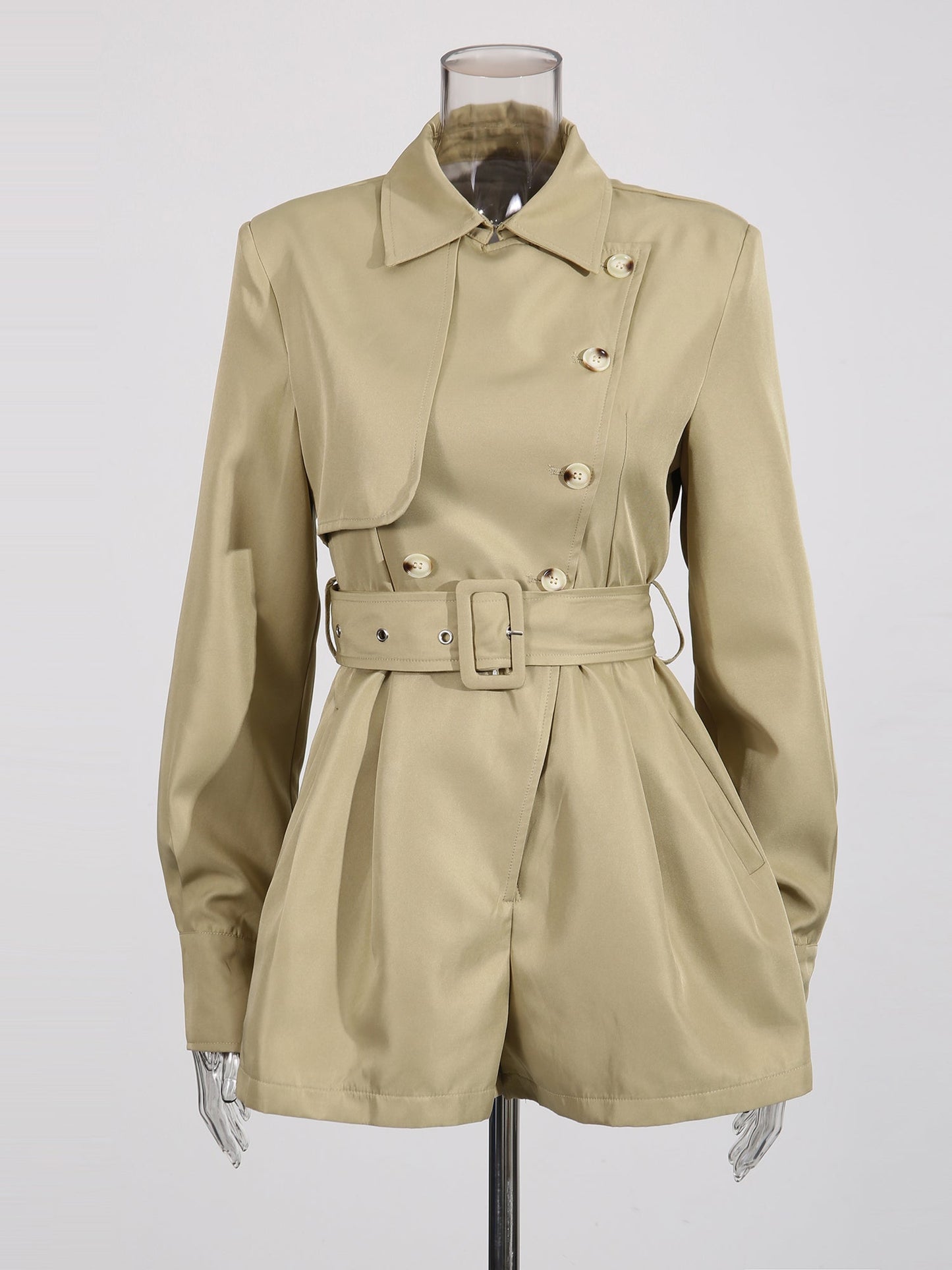 Chic Khaki Trench Coat Romper with Belt - SISPELL