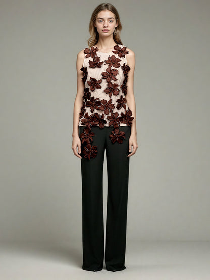 Coffee 3D Floral Appliqué Sleeveless Top - SISPELL