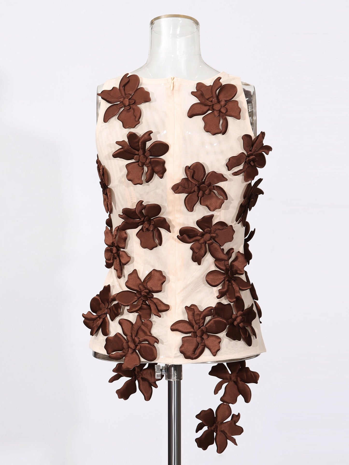 Coffee 3D Floral Appliqué Sleeveless Top - SISPELL
