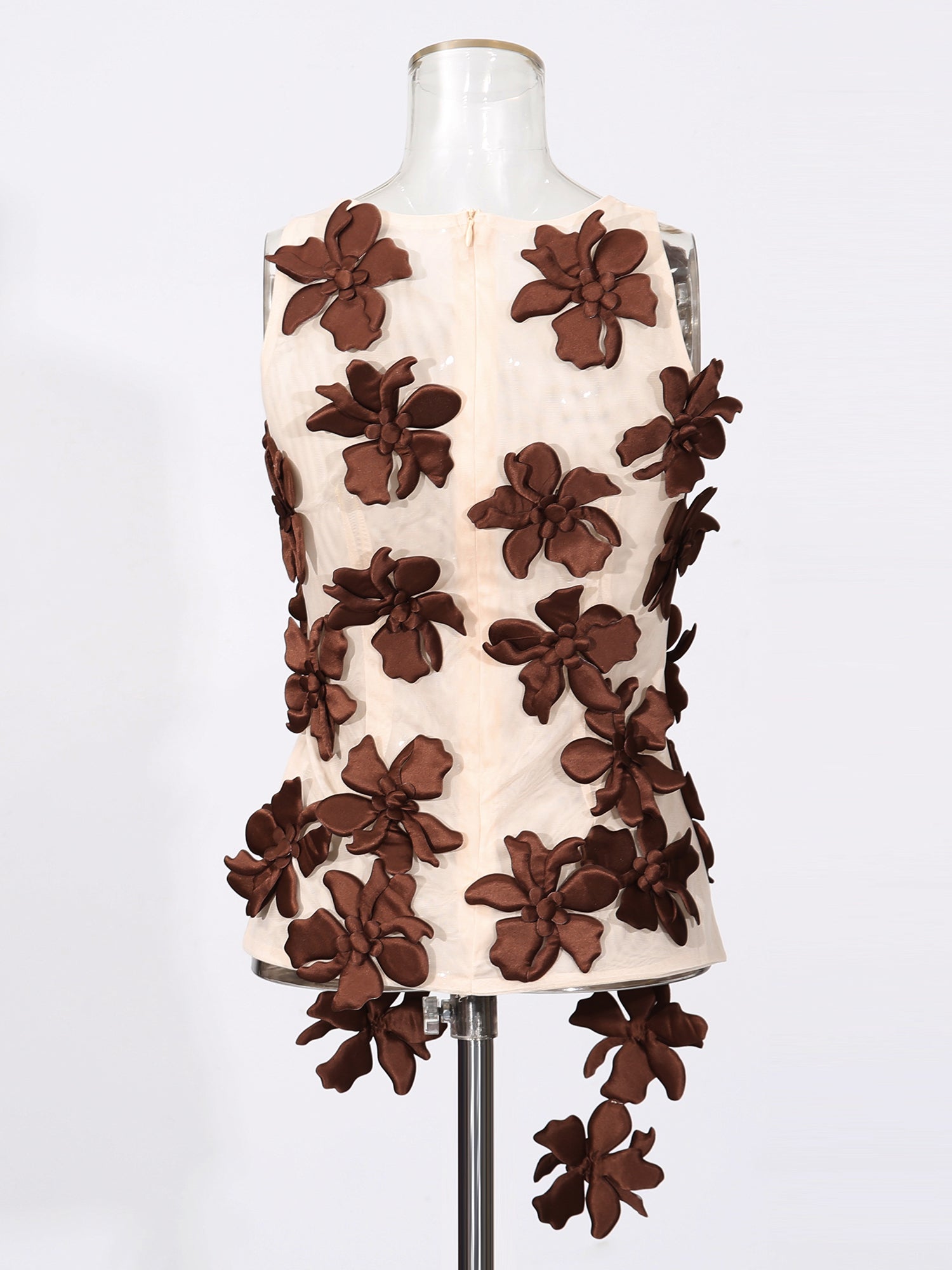 Coffee 3D Floral Appliqué Sleeveless Top - SISPELL