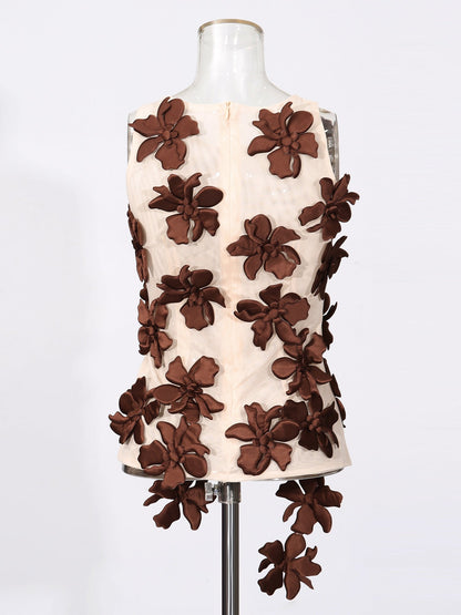 Coffee 3D Floral Appliqué Sleeveless Top - SISPELL