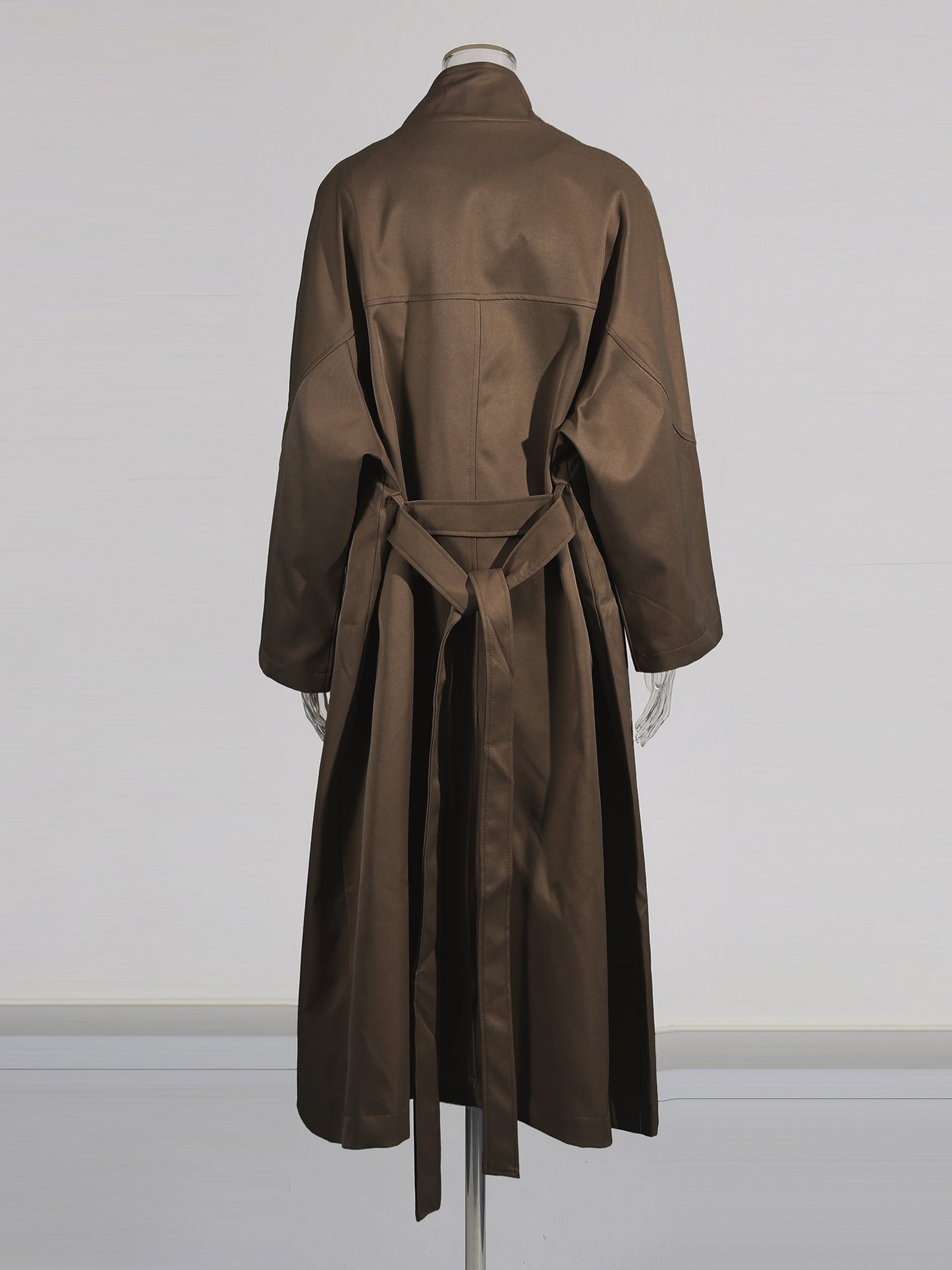 Coffee Asymmetric Long Coat with Stand Collar - SISPELL