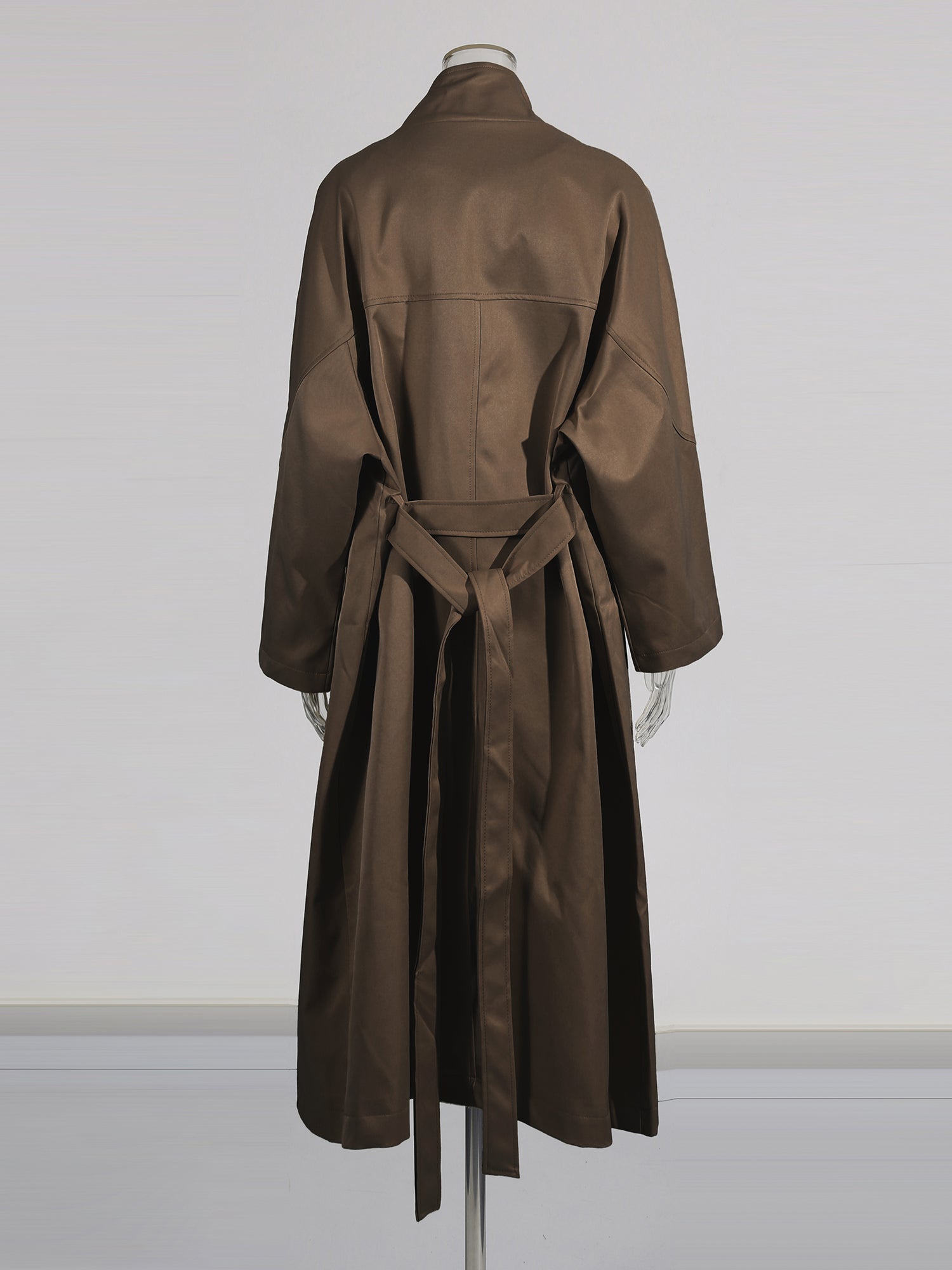 Coffee Asymmetric Long Coat with Stand Collar - SISPELL