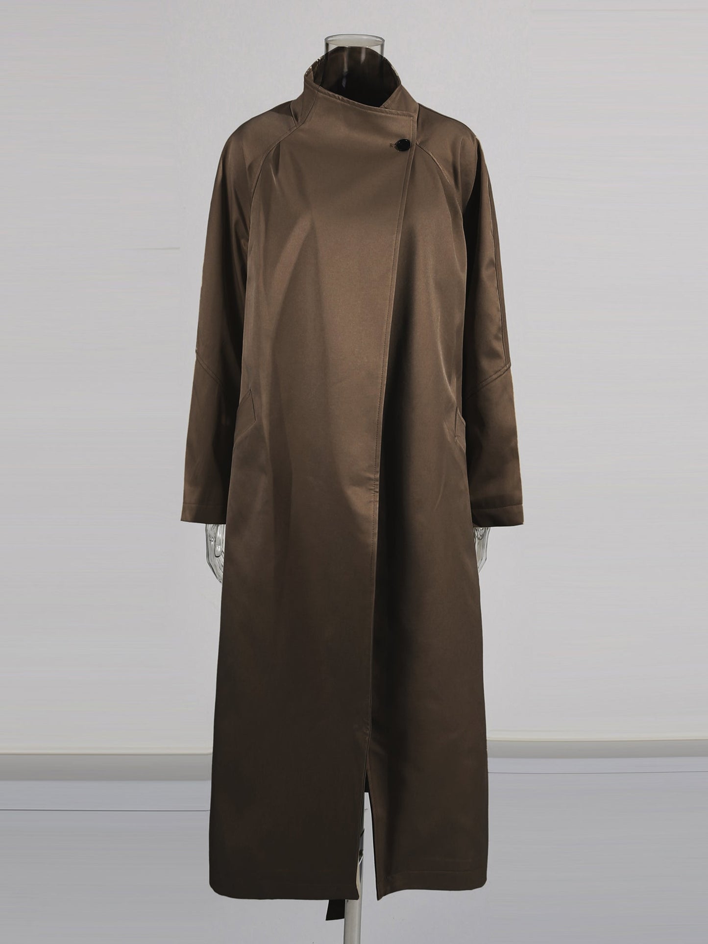 Coffee Asymmetric Long Coat with Stand Collar - SISPELL