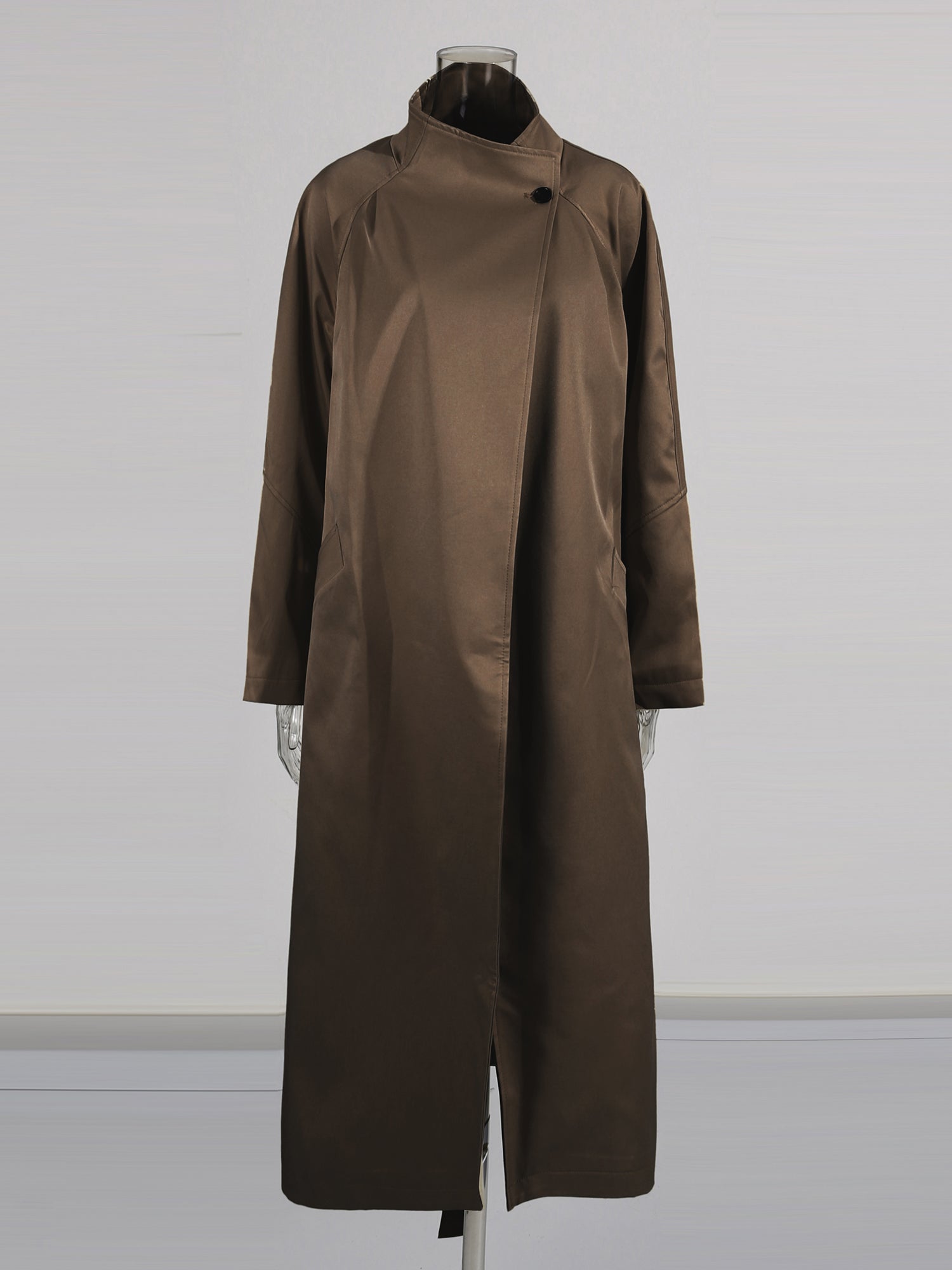 Coffee Asymmetric Long Coat with Stand Collar - SISPELL