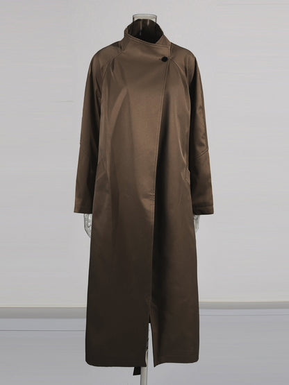 Coffee Asymmetric Long Coat with Stand Collar - SISPELL