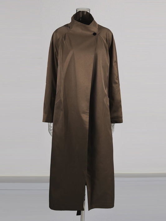 Coffee Asymmetric Long Coat with Stand Collar - SISPELL
