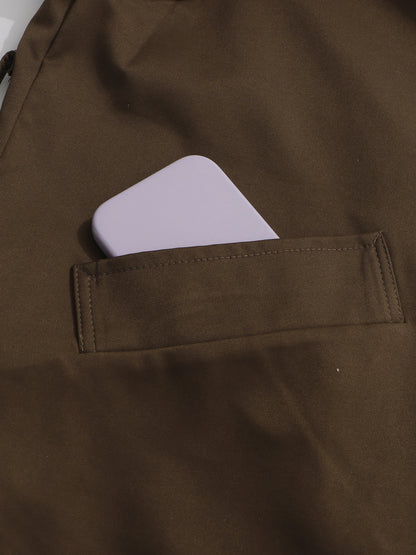 Coffee Asymmetric Long Coat with Stand Collar - SISPELL