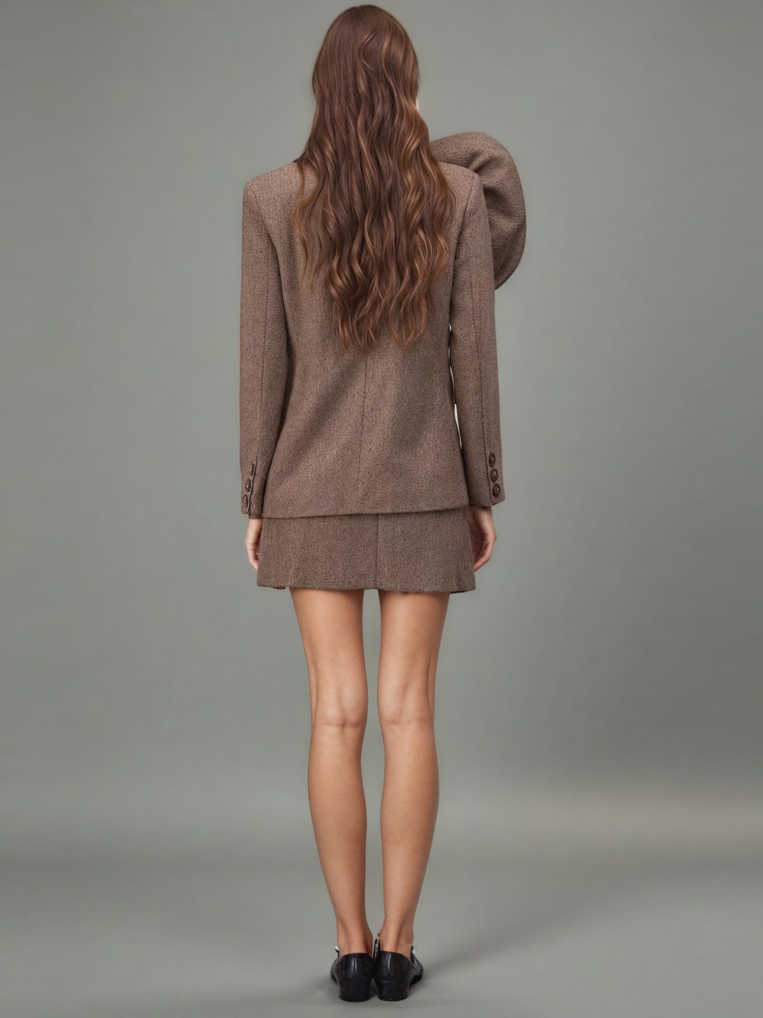 Coffee Blazer with Oversized Floral Shoulder Detail - SISPELL