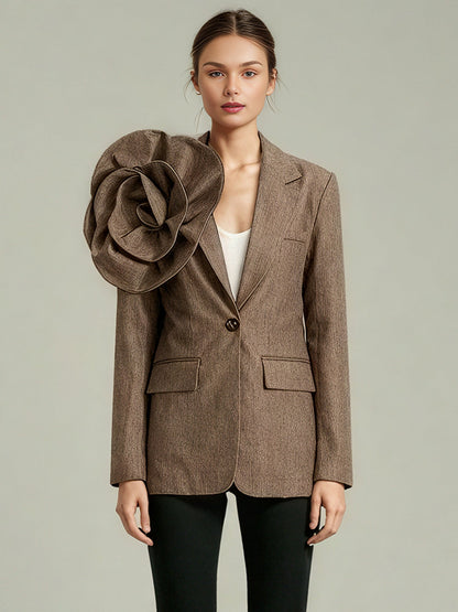 Coffee Blazer with Oversized Floral Shoulder Detail - SISPELL
