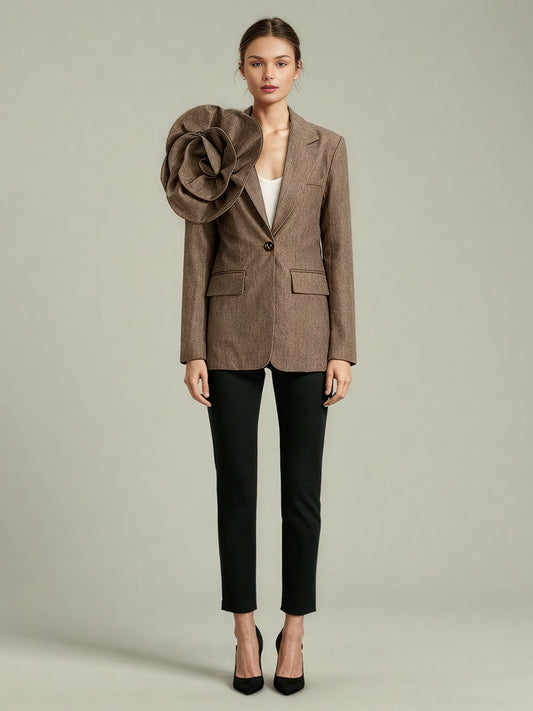Coffee Blazer with Oversized Floral Shoulder Detail - SISPELL