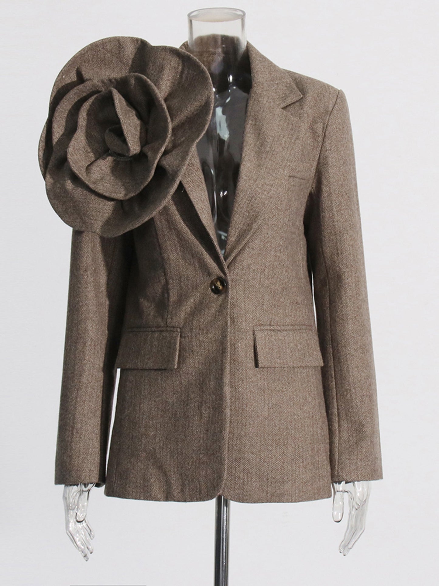 Coffee Blazer with Oversized Floral Shoulder Detail - SISPELL