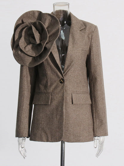 Coffee Blazer with Oversized Floral Shoulder Detail - SISPELL