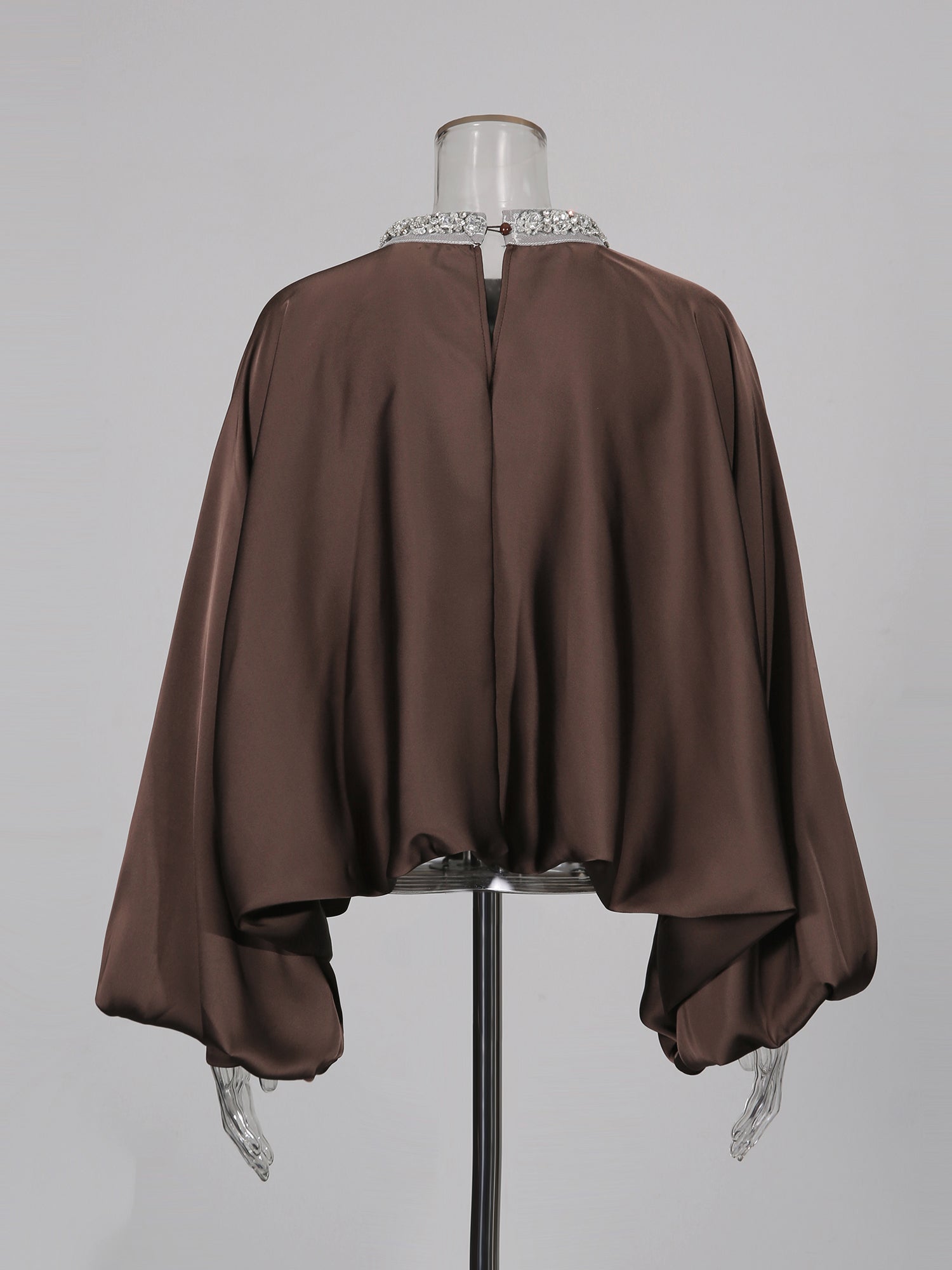 Coffee Blouse with Rhinestone Floral & Batwing Sleeve Detail - SISPELL