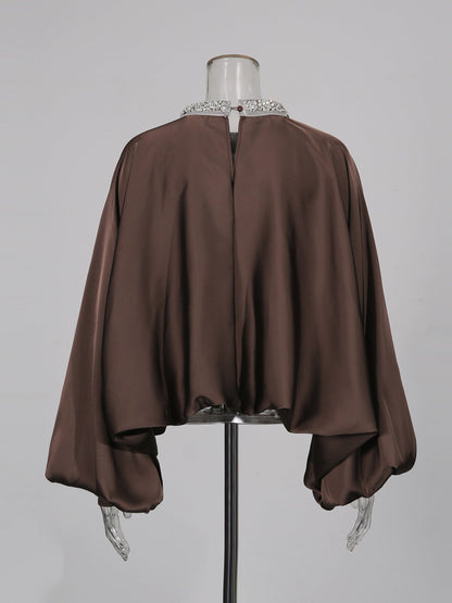 Coffee Blouse with Rhinestone Floral & Batwing Sleeve Detail - SISPELL