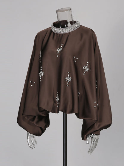 Coffee Blouse with Rhinestone Floral & Batwing Sleeve Detail - SISPELL