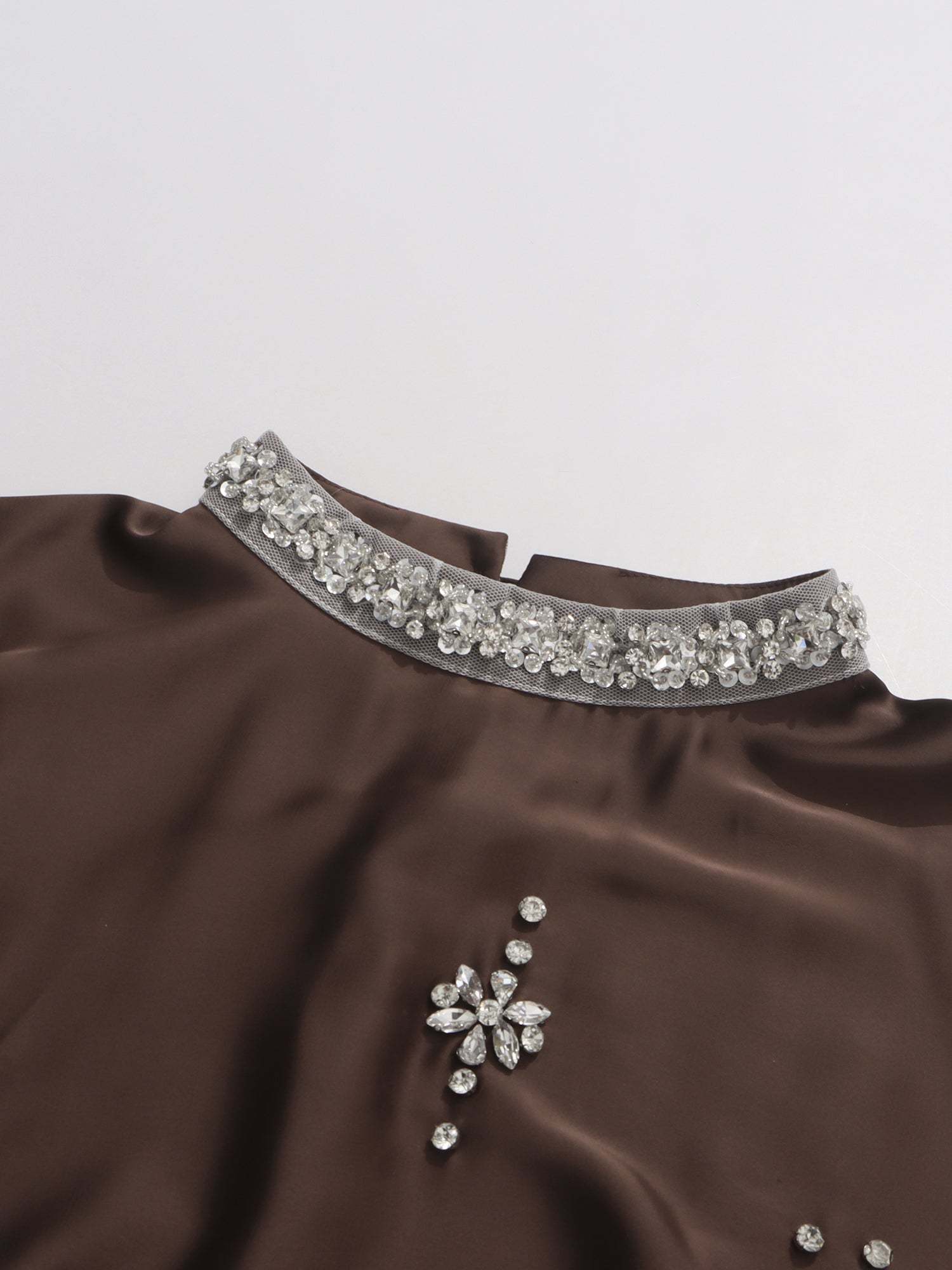 Coffee Blouse with Rhinestone Floral & Batwing Sleeve Detail - SISPELL