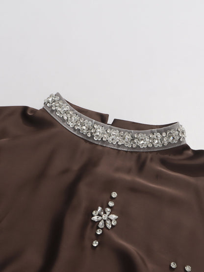Coffee Blouse with Rhinestone Floral & Batwing Sleeve Detail - SISPELL