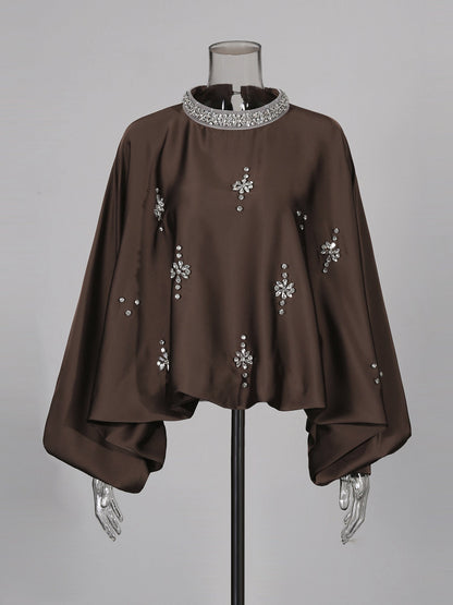 Coffee Blouse with Rhinestone Floral & Batwing Sleeve Detail - SISPELL