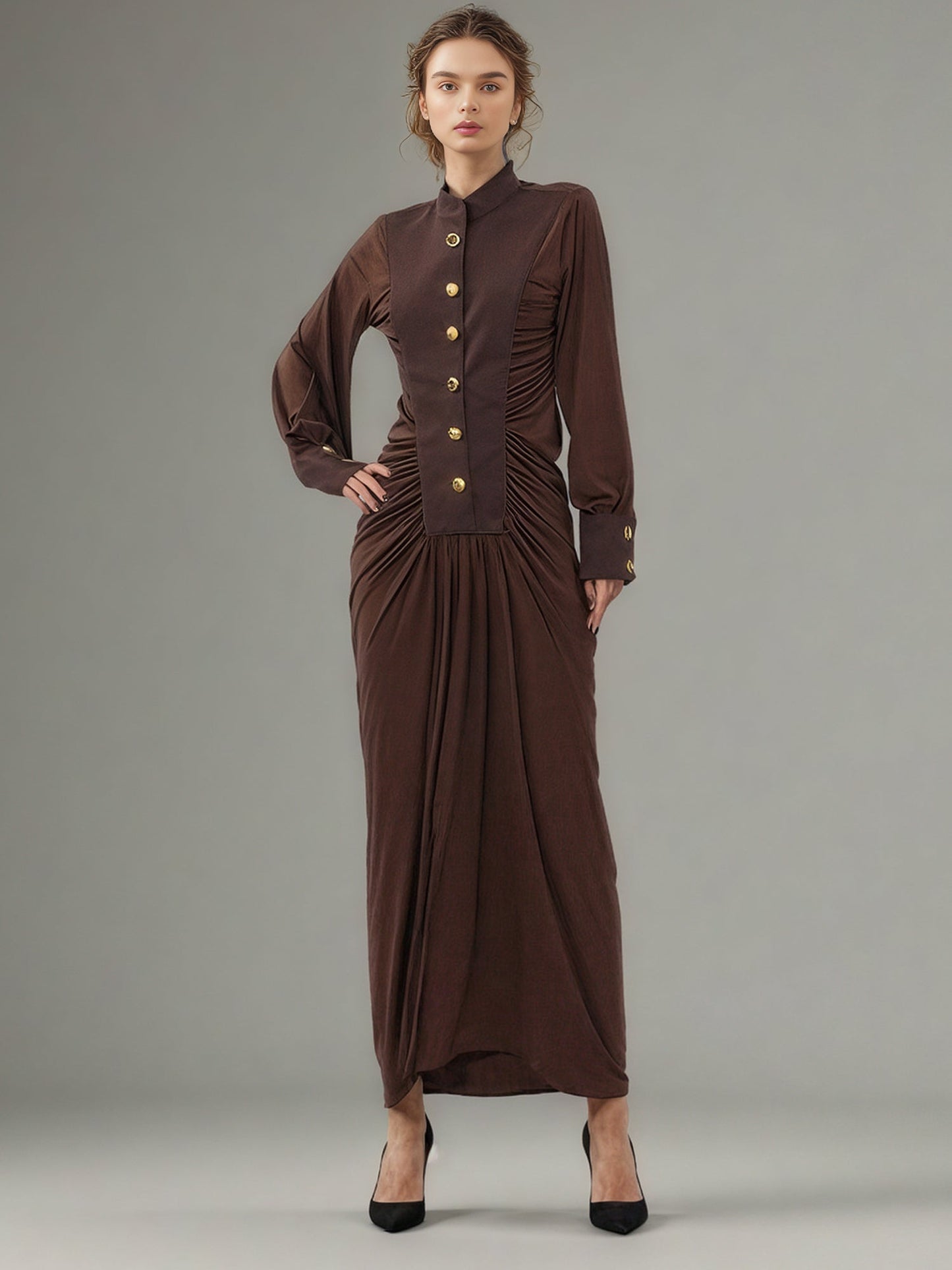 Coffee Brown Ruched Gold Button Long Dress - SISPELL