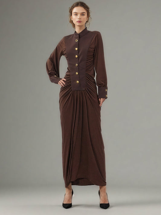 Coffee Brown Ruched Gold Button Long Dress - SISPELL