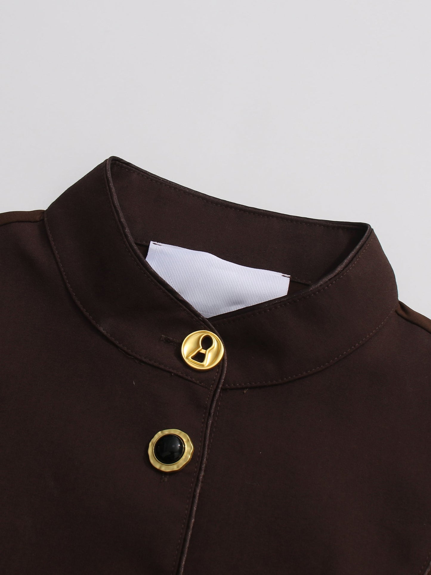 Coffee Brown Ruched Gold Button Long Dress - SISPELL