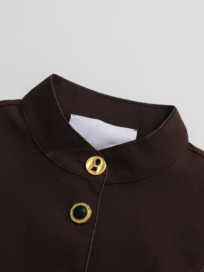 Coffee Brown Ruched Gold Button Long Dress - SISPELL