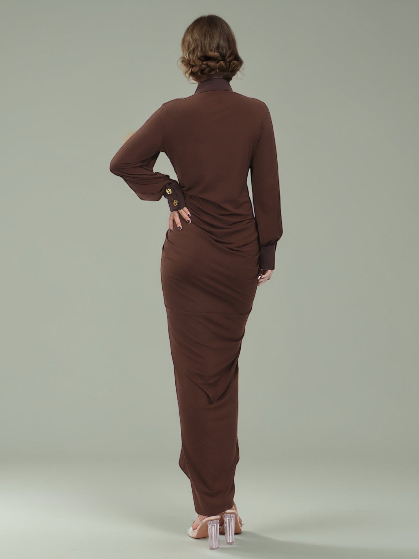 Coffee Brown Ruched Gold Button Long Dress - SISPELL