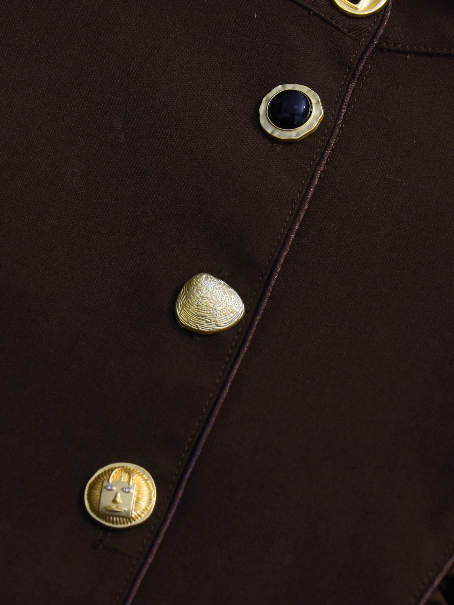 Coffee Brown Ruched Gold Button Long Dress - SISPELL