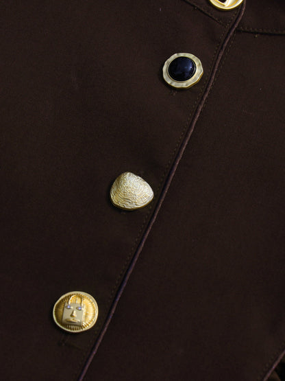 Coffee Brown Ruched Gold Button Long Dress - SISPELL