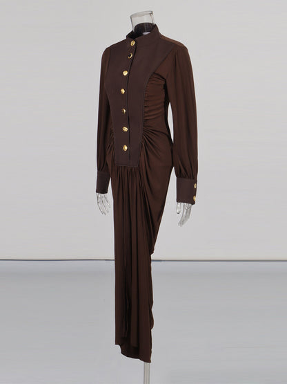 Coffee Brown Ruched Gold Button Long Dress - SISPELL
