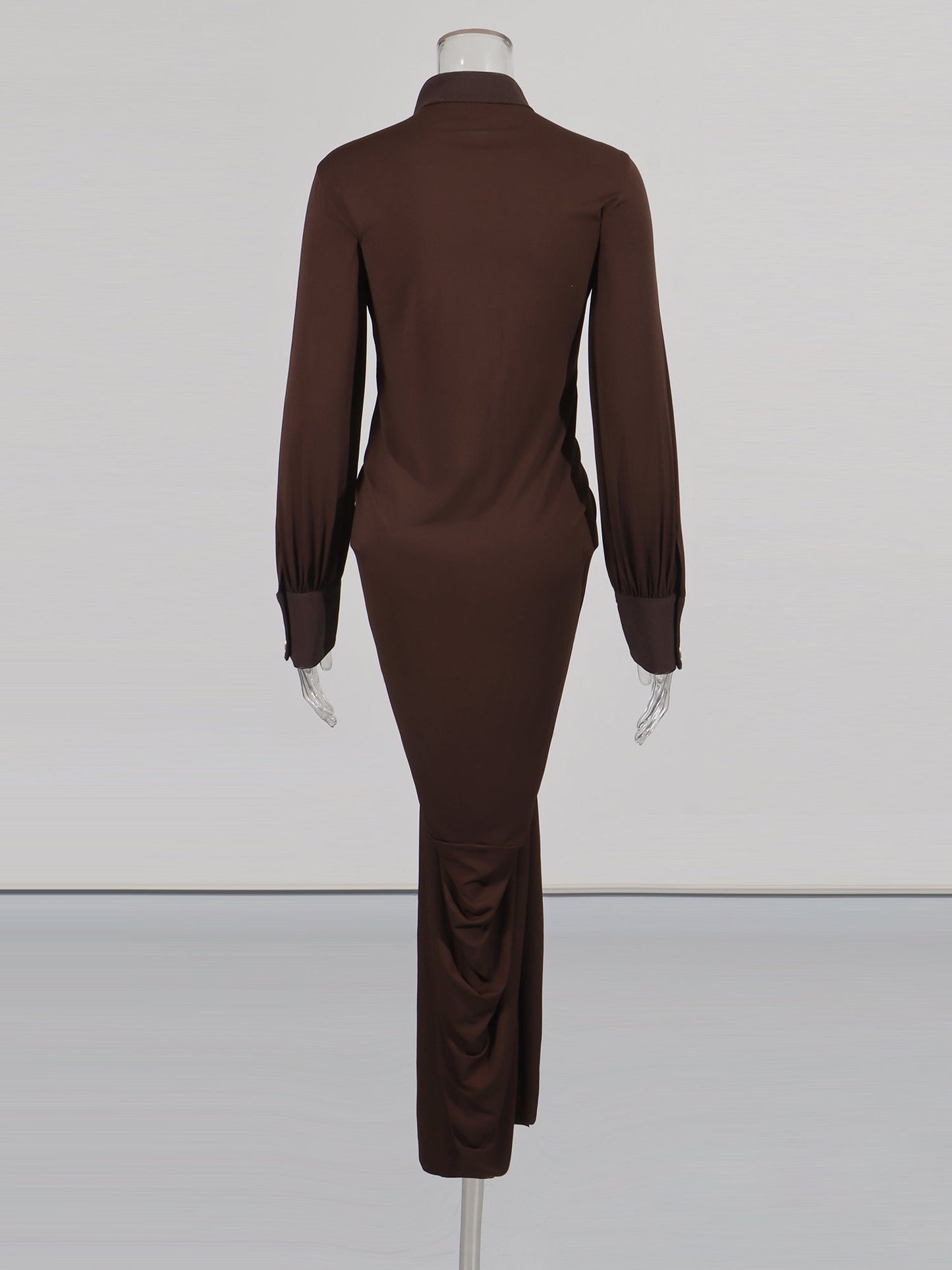 Coffee Brown Ruched Gold Button Long Dress - SISPELL