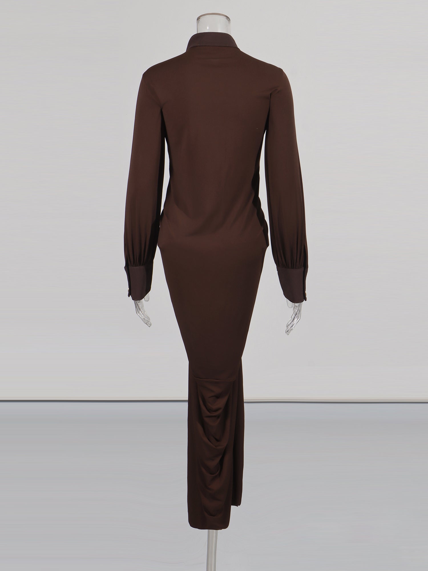 Coffee Brown Ruched Gold Button Long Dress - SISPELL