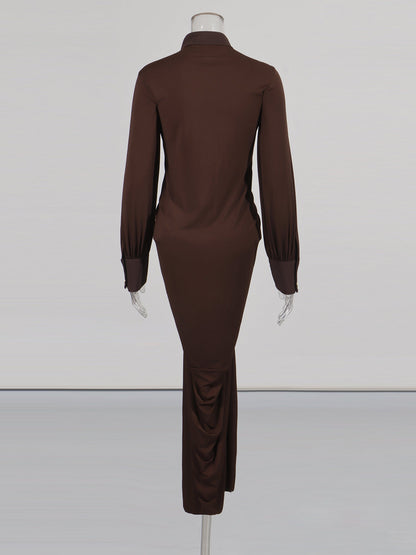 Coffee Brown Ruched Gold Button Long Dress - SISPELL