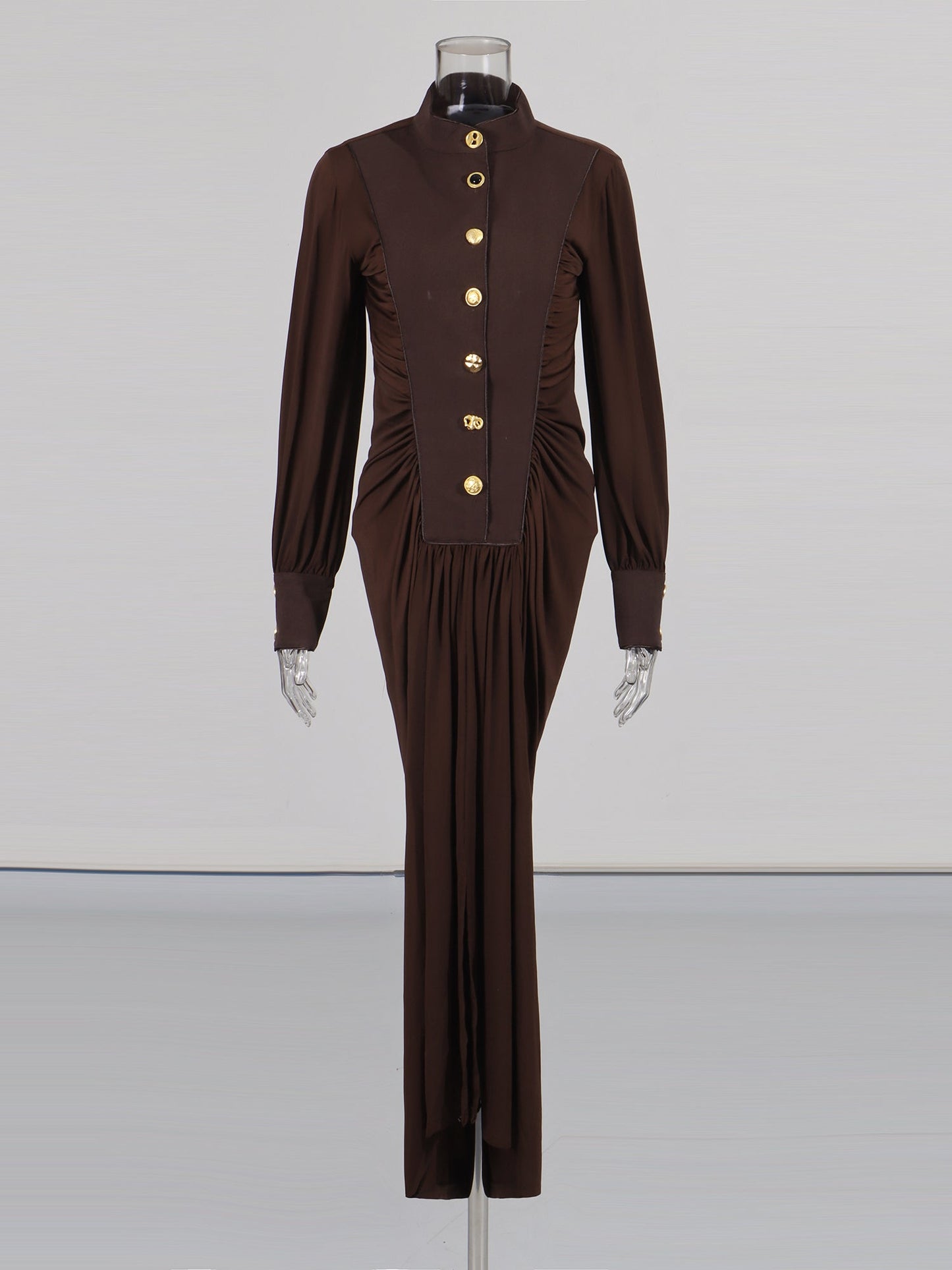 Coffee Brown Ruched Gold Button Long Dress - SISPELL