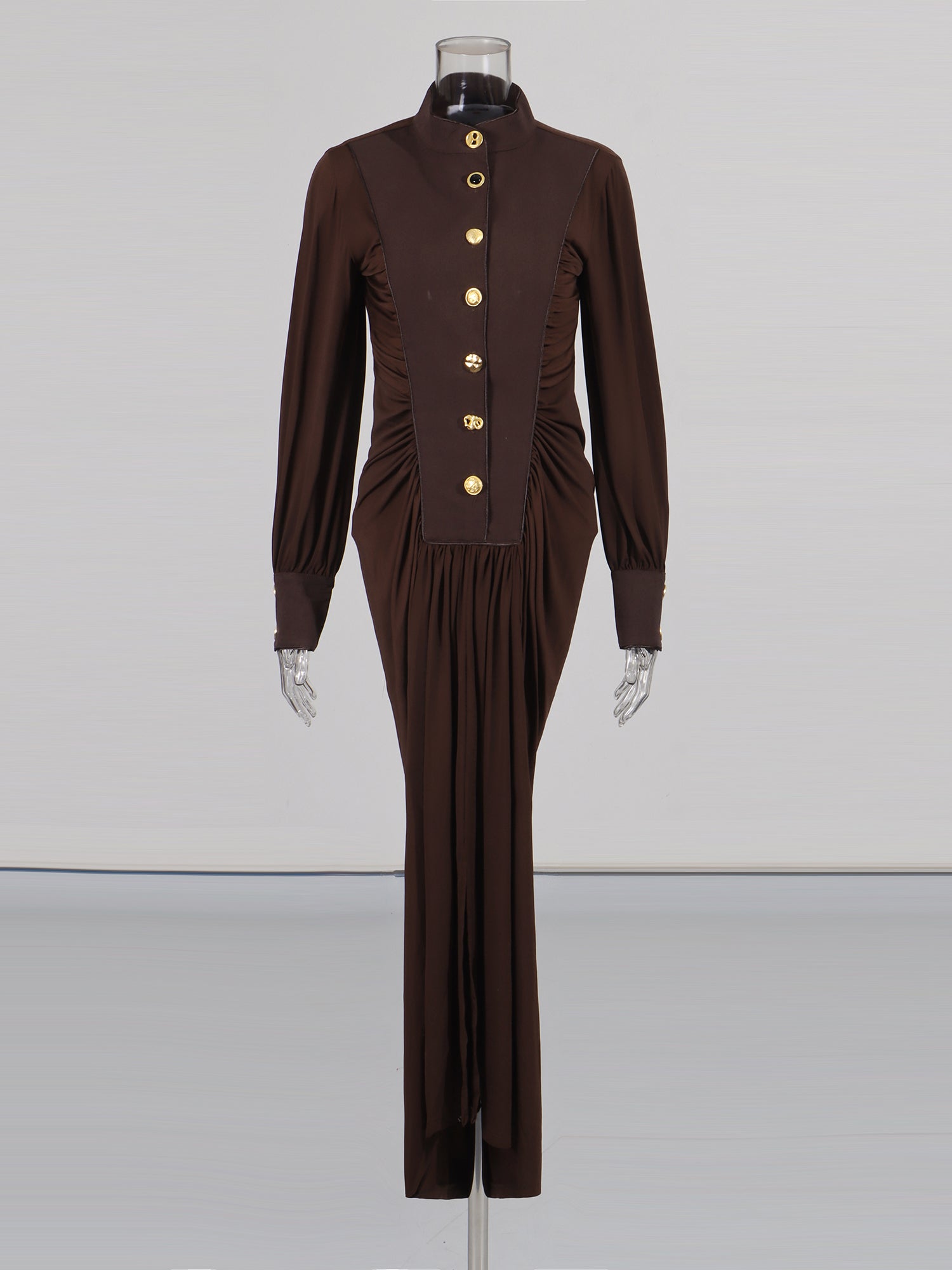 Coffee Brown Ruched Gold Button Long Dress - SISPELL