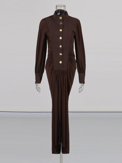 Coffee Brown Ruched Gold Button Long Dress - SISPELL