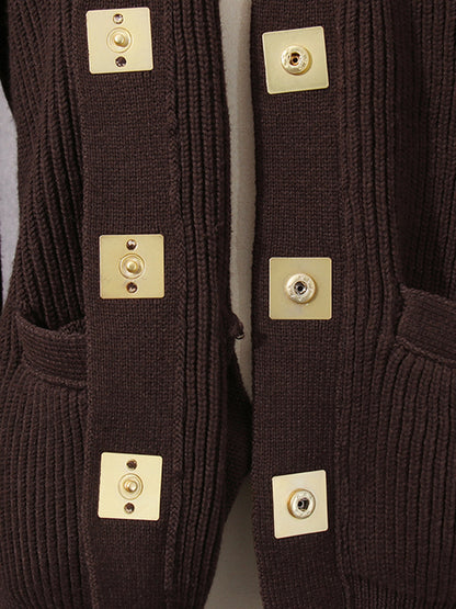 Coffee Ribbed Cardigan with Decorative Gold Buttons - SISPELL