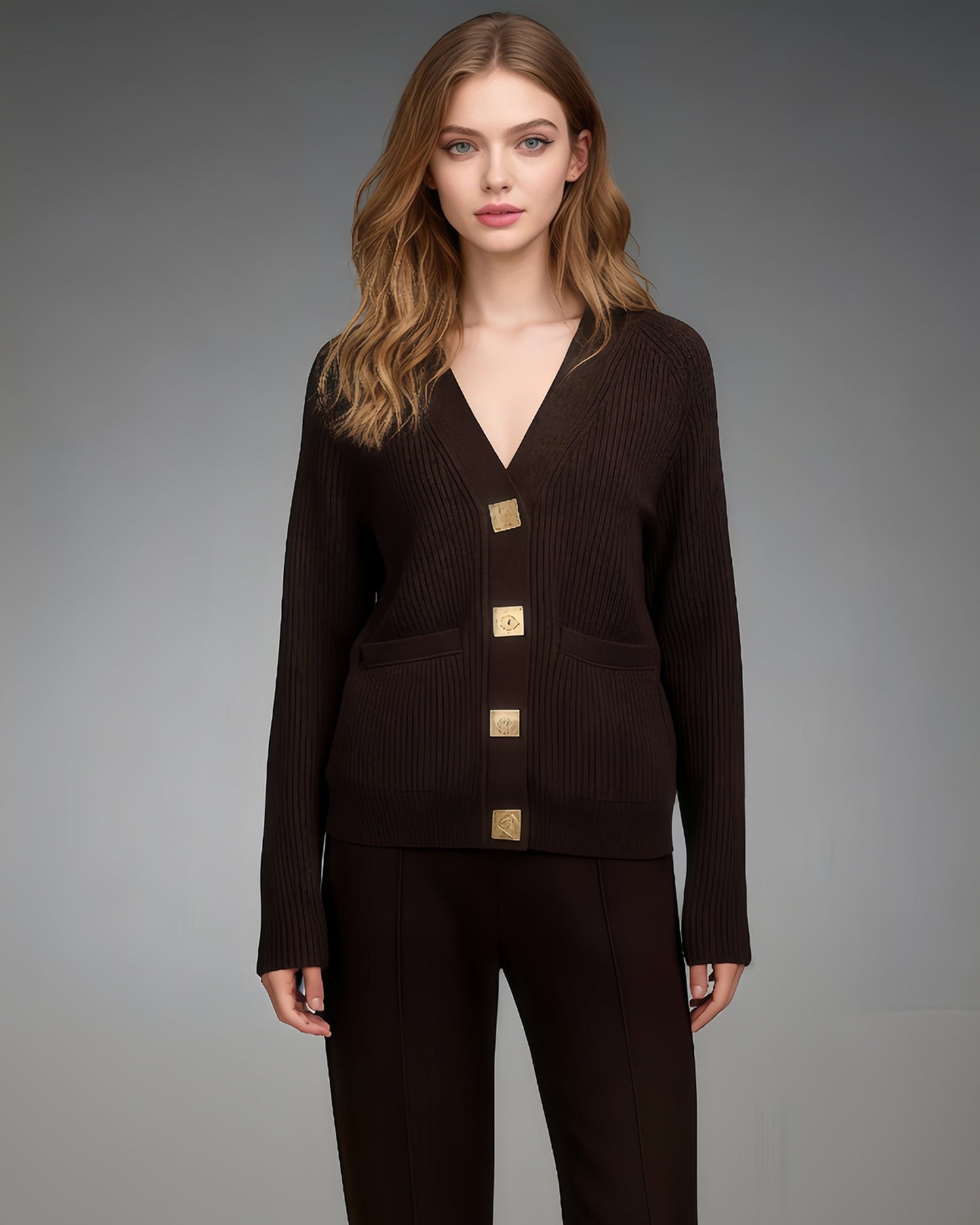 Coffee Ribbed Cardigan with Decorative Gold Buttons - SISPELL