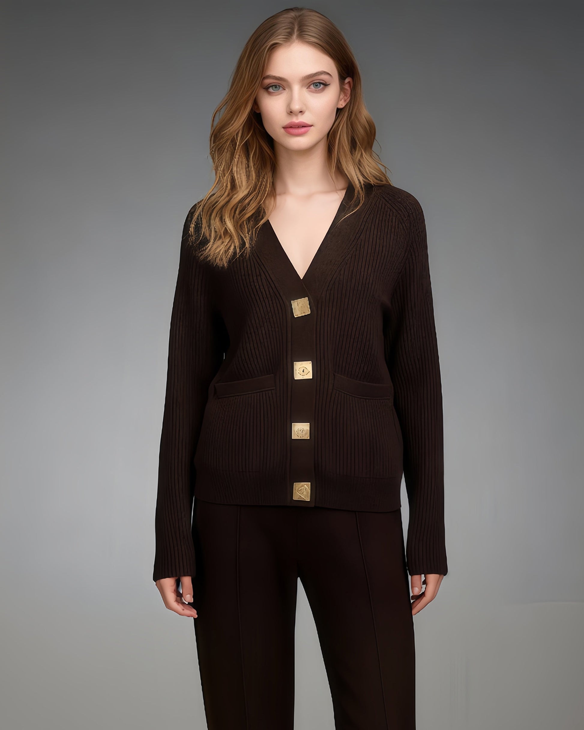 Coffee Ribbed Cardigan with Decorative Gold Buttons - SISPELL