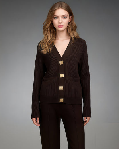 Coffee Ribbed Cardigan with Decorative Gold Buttons - SISPELL