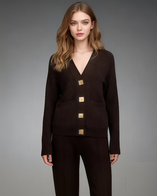 Coffee Ribbed Cardigan with Decorative Gold Buttons - SISPELL